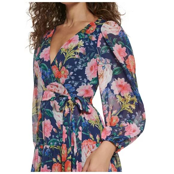 Eliza J Floral Maxi Dress 0 | Navy Multi Surplice Long Sleeve Elegant Gown - Picture 4 of 15